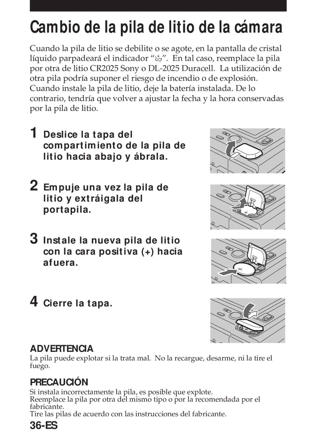 Sony MVC-FD5 operating instructions Cambio de la pila de litio de la cámara, 36-ES 