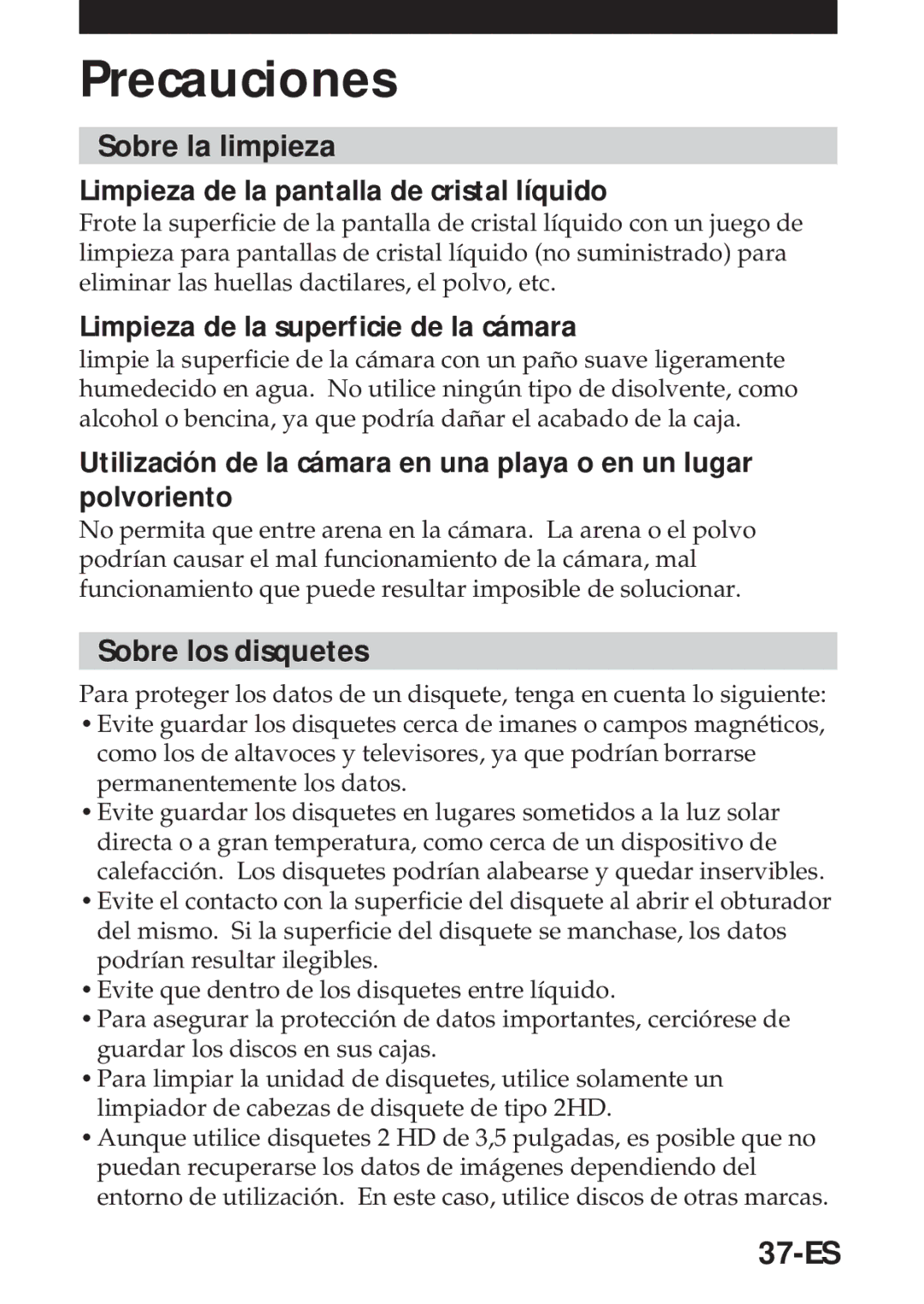 Sony MVC-FD5 operating instructions Precauciones, Sobre la limpieza, Sobre los disquetes, 37-ES 