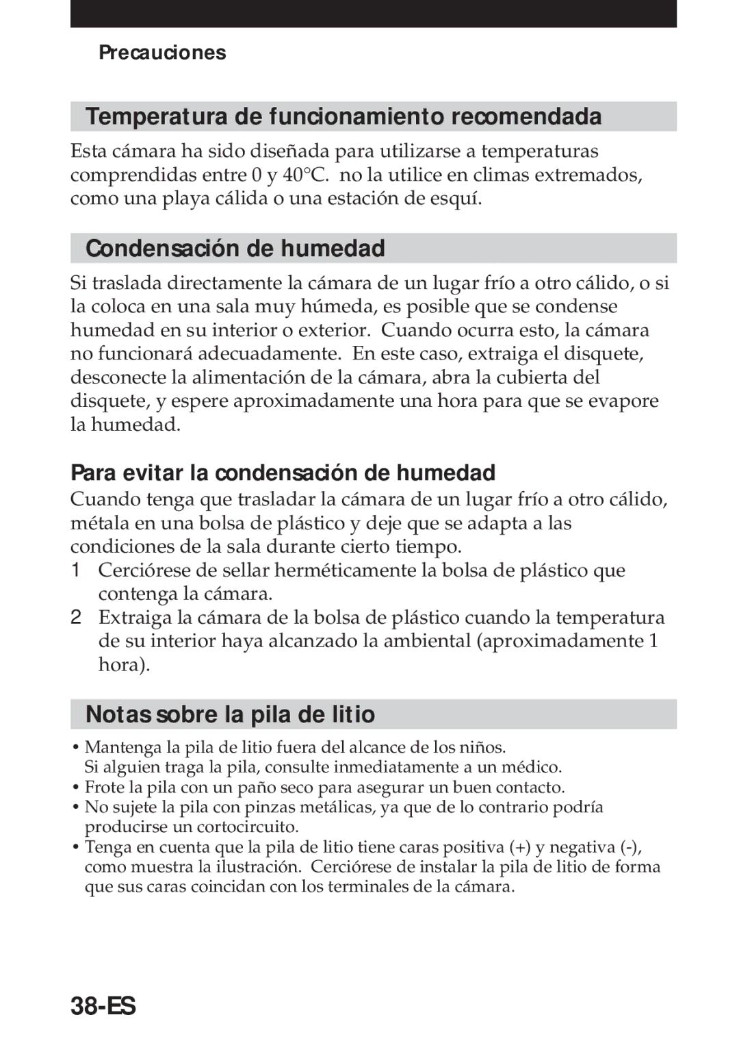 Sony MVC-FD5 Temperatura de funcionamiento recomendada, Condensación de humedad, Notas sobre la pila de litio, 38-ES 