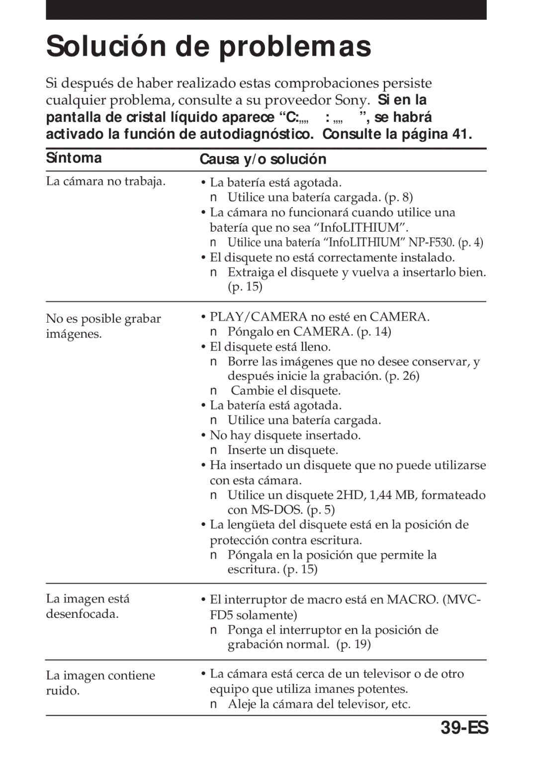 Sony MVC-FD5 operating instructions Solución de problemas, 39-ES, Síntoma Causa y/o solución 