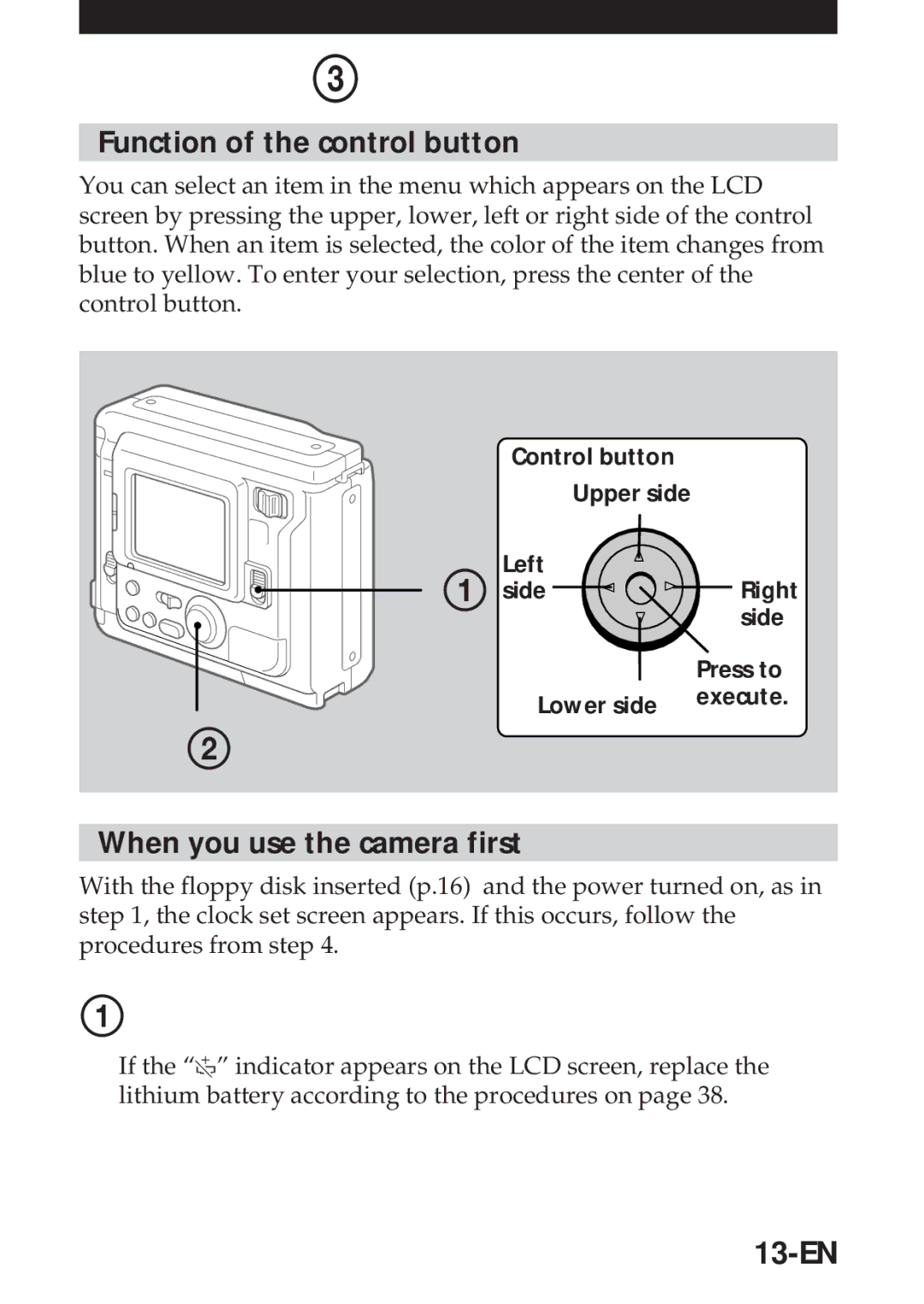 Sony MVC-FD5 Setting the date and time, Function of the control button, When you use the camera first, 13-EN 