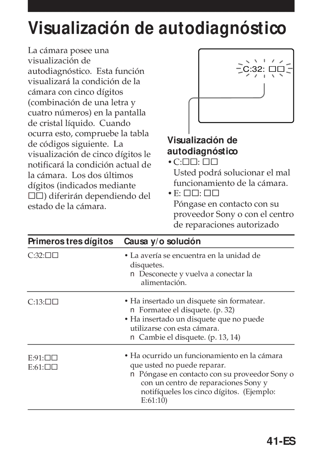 Sony MVC-FD5 operating instructions Visualización de autodiagnóstico, 41-ES 