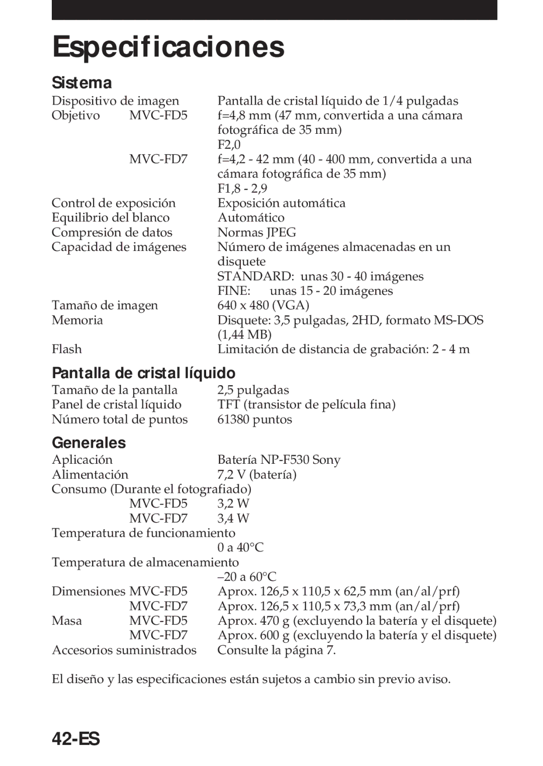 Sony MVC-FD5 operating instructions Especificaciones, 42-ES, Sistema, Pantalla de cristal líquido, Generales 