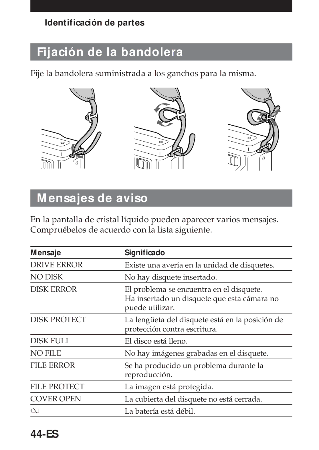 Sony MVC-FD5 operating instructions Fijación de la bandolera, Mensajes de aviso, 44-ES, Identificación de partes 