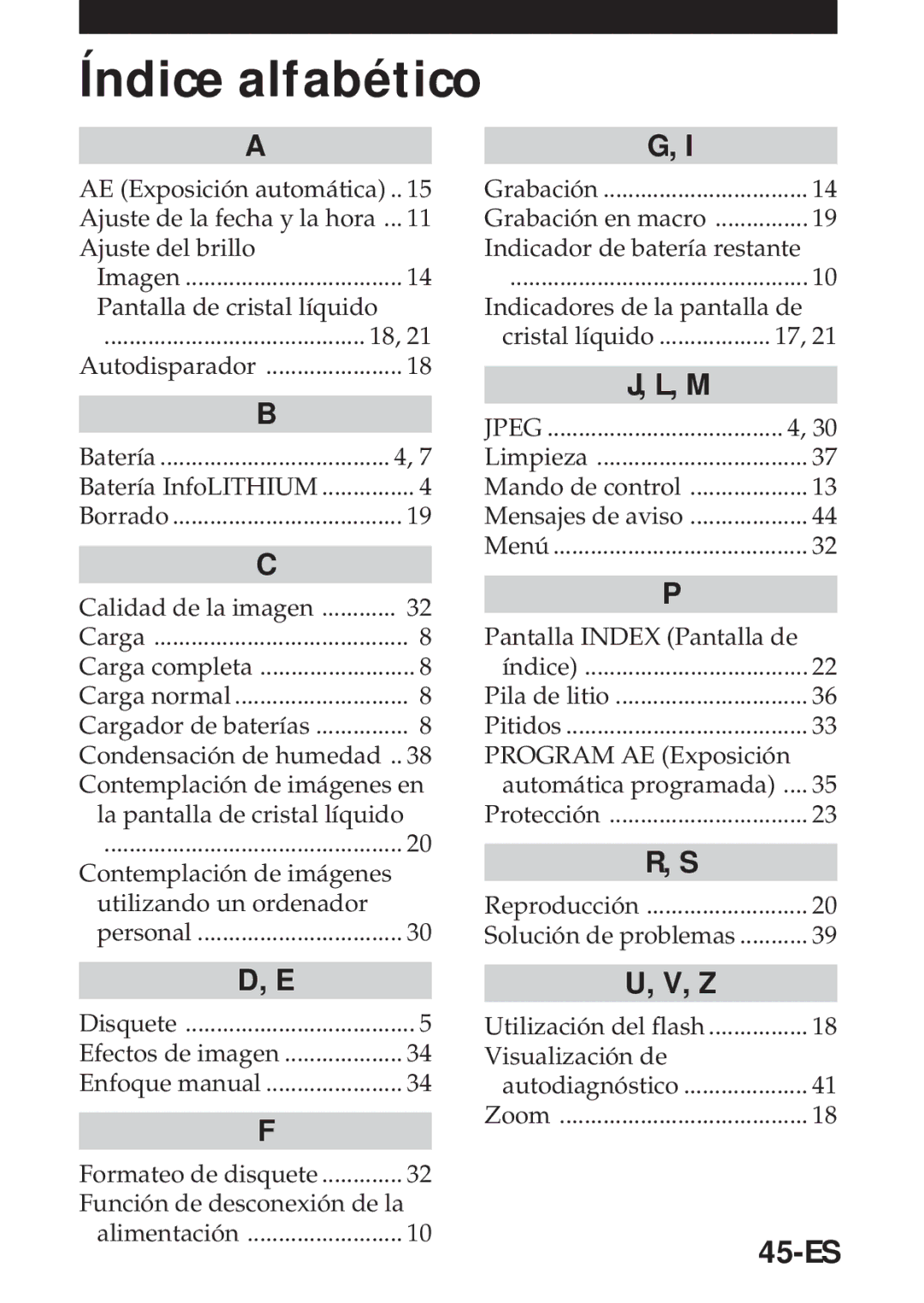 Sony MVC-FD5 operating instructions Índice alfabético, 45-ES 