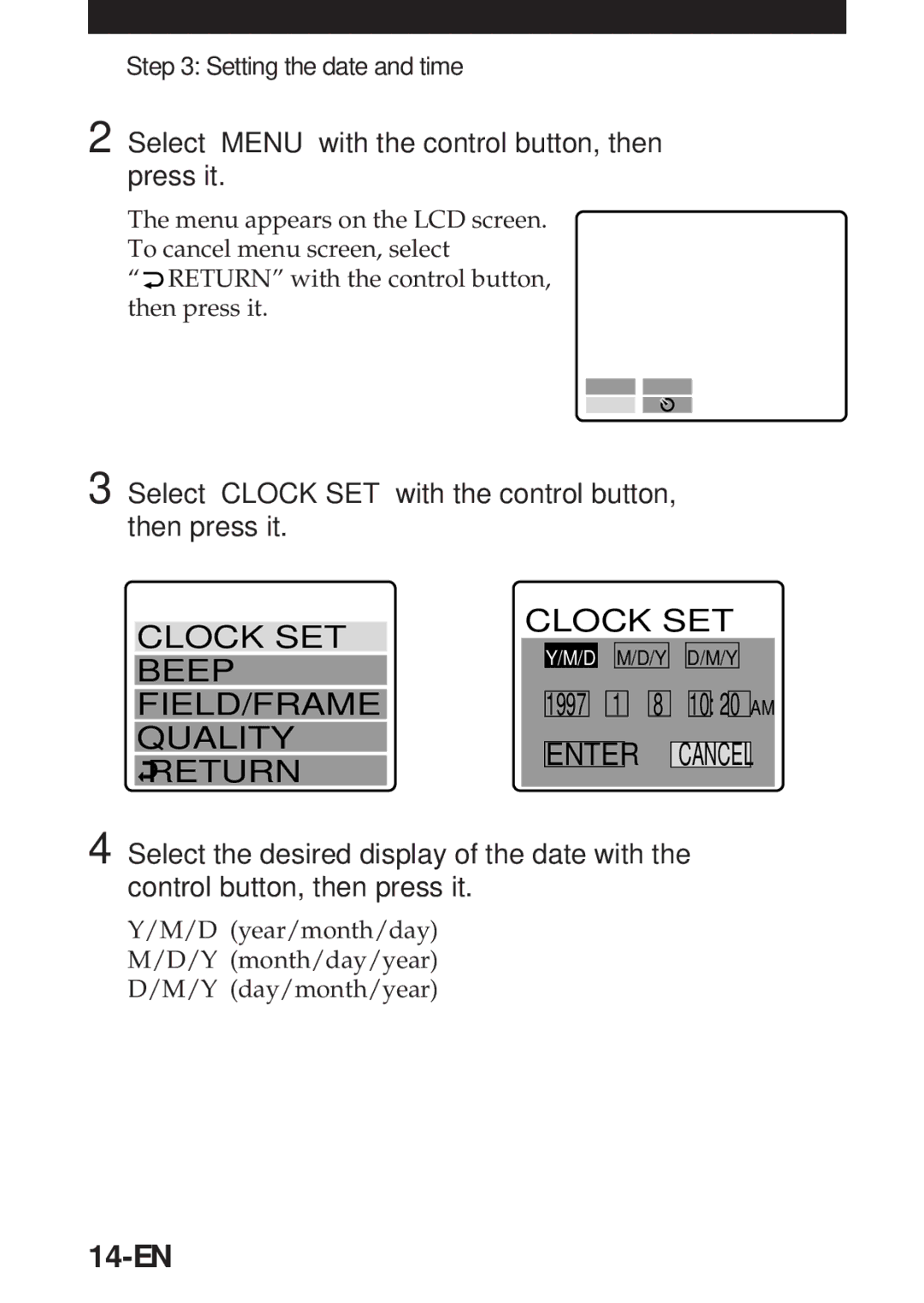 Sony MVC-FD5 operating instructions 14-EN, Select Menu with the control button, then press it, Setting the date and time 