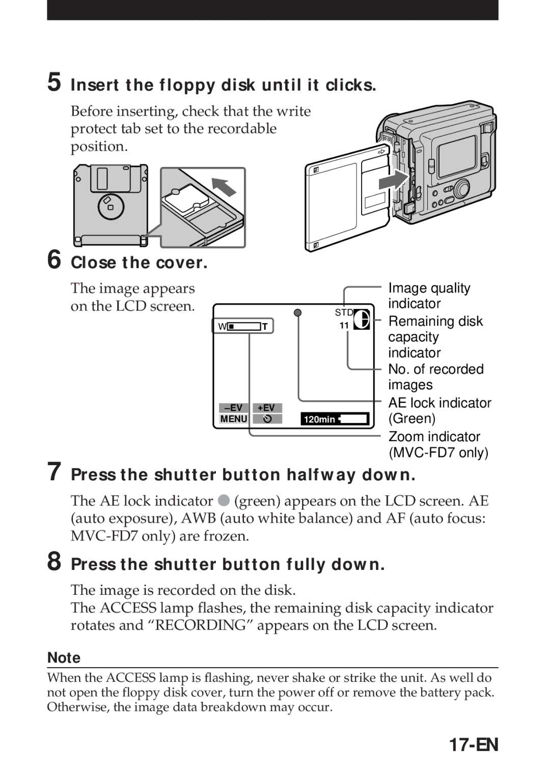 Sony MVC-FD5 17-EN, Insert the floppy disk until it clicks, Close the cover, Press the shutter button halfway down 