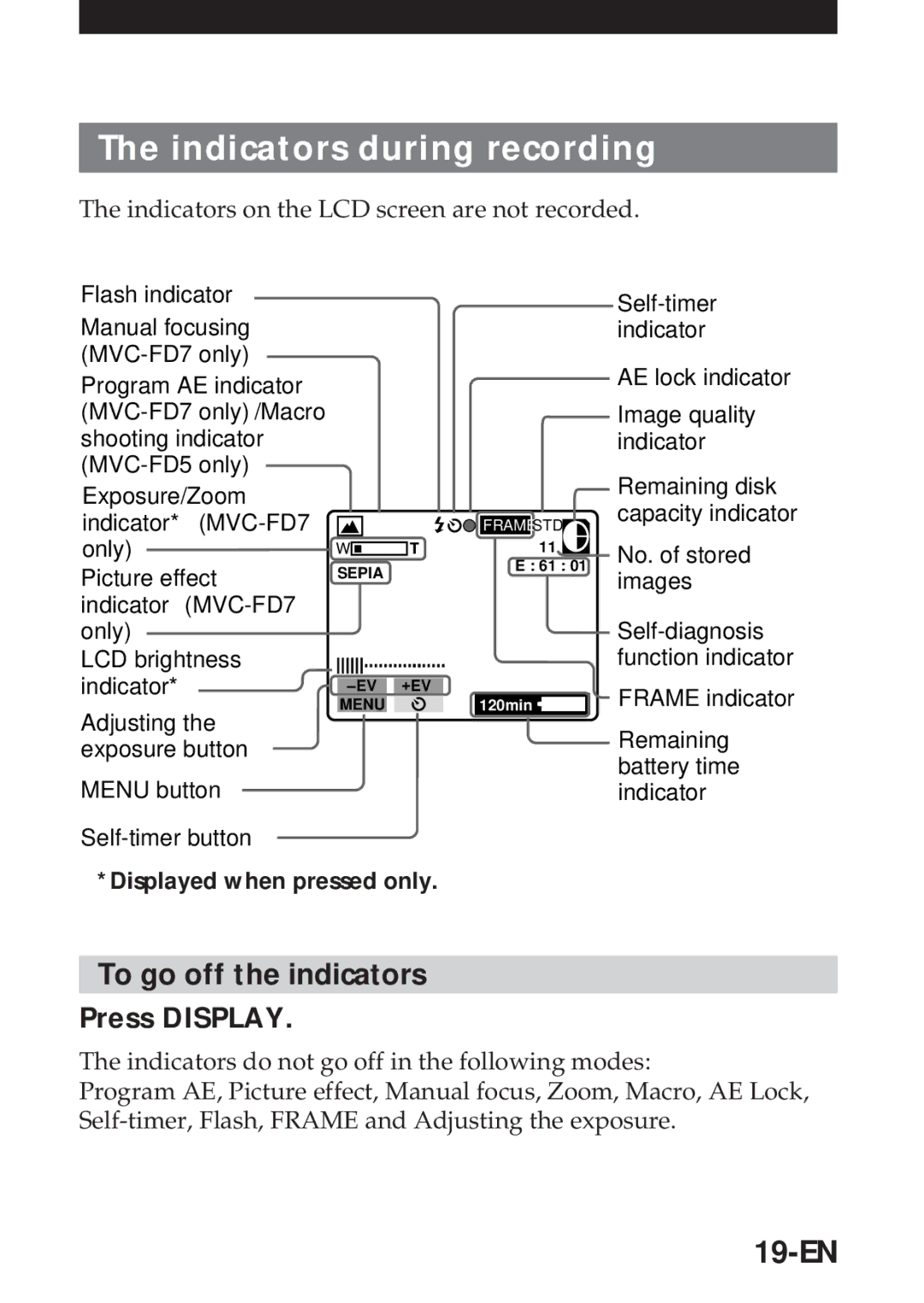 Sony MVC-FD5 operating instructions Indicators during recording, To go off the indicators, 19-EN, Press Display 