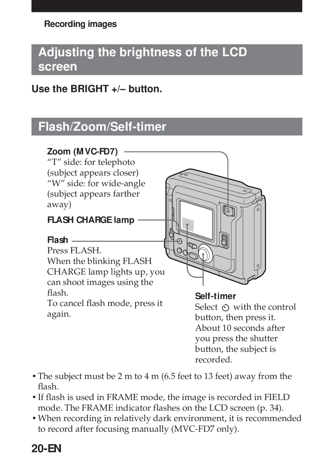 Sony MVC-FD5 Adjusting the brightness of the LCD screen, Flash/Zoom/Self-timer, 20-EN, Use the Bright +/- button 