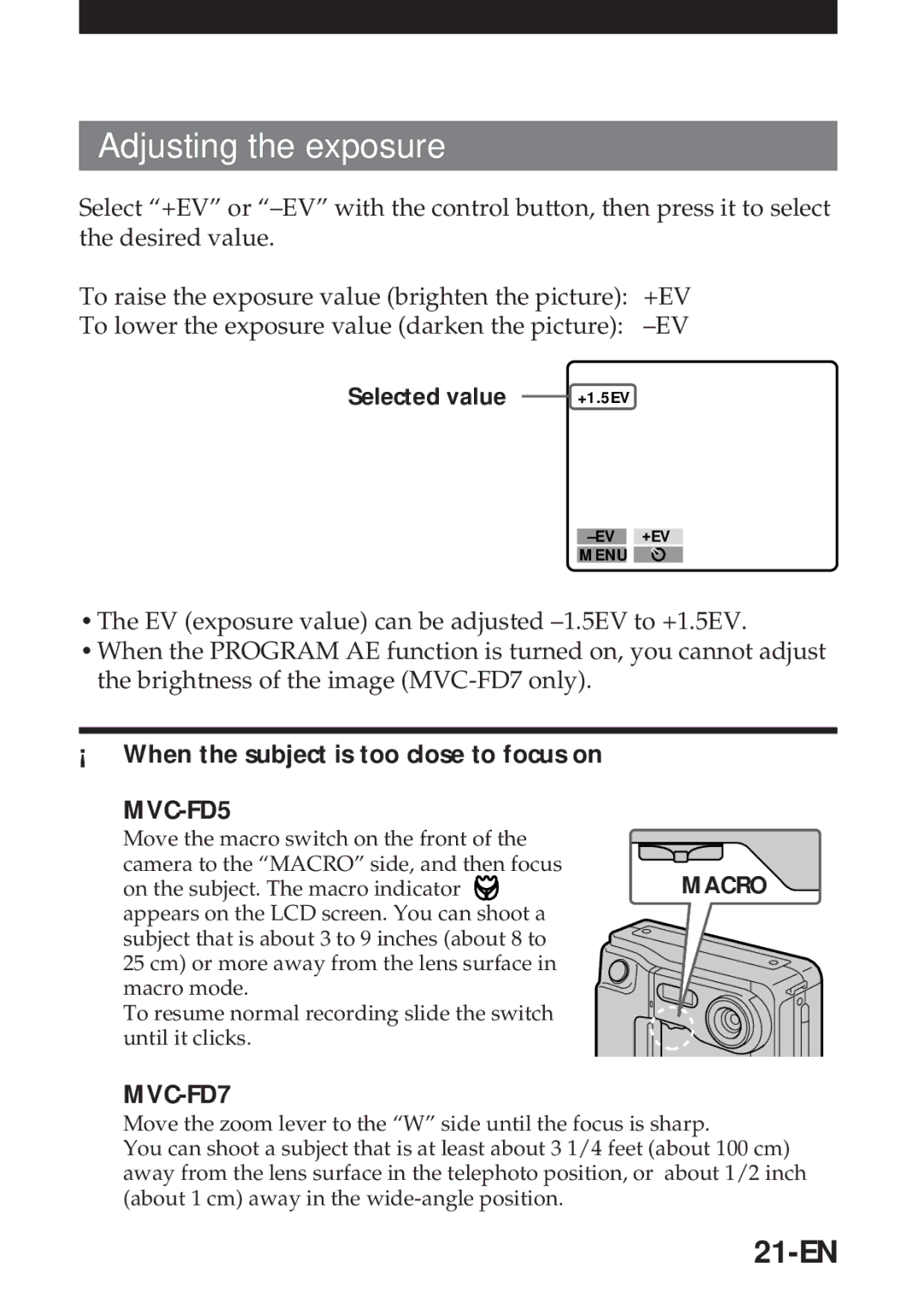 Sony operating instructions Adjusting the exposure, 21-EN, When the subject is too close to focus on MVC-FD5 