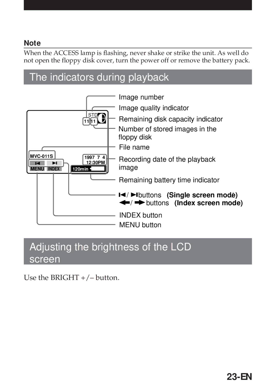 Sony MVC-FD5 operating instructions Indicators during playback, 23-EN, Use the Bright +/- button 