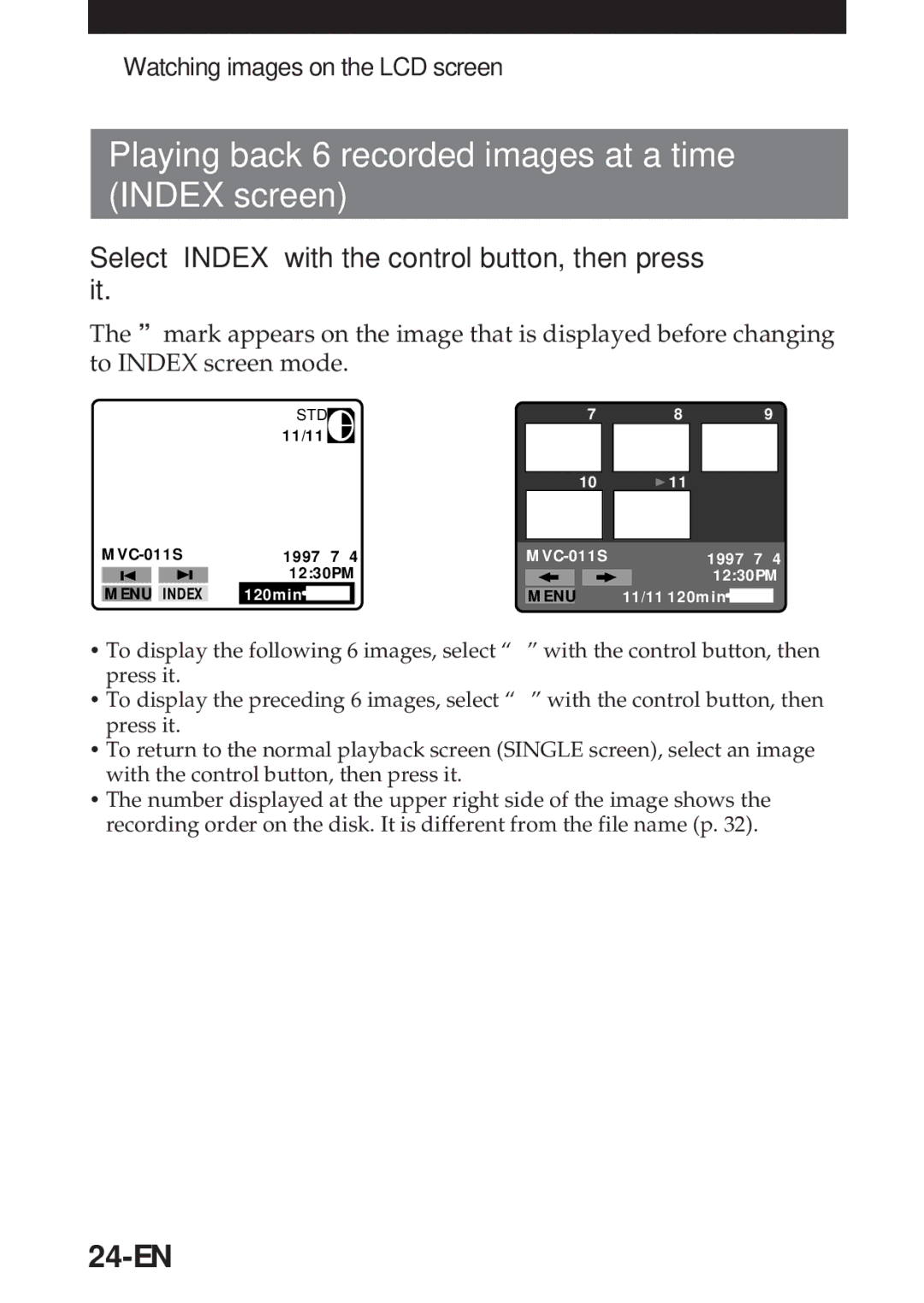 Sony MVC-FD5 Playing back 6 recorded images at a time Index screen, 24-EN, Watching images on the LCD screen 