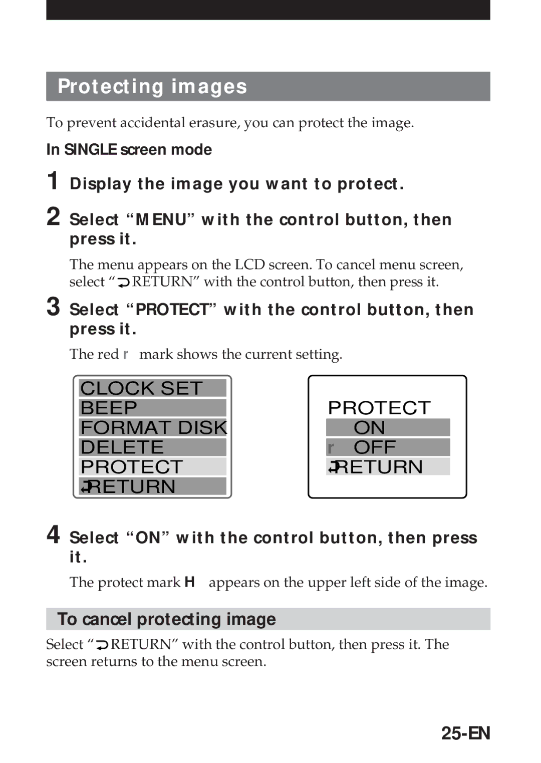 Sony MVC-FD5 Protecting images, To cancel protecting image, 25-EN, Select Protect with the control button, then press it 