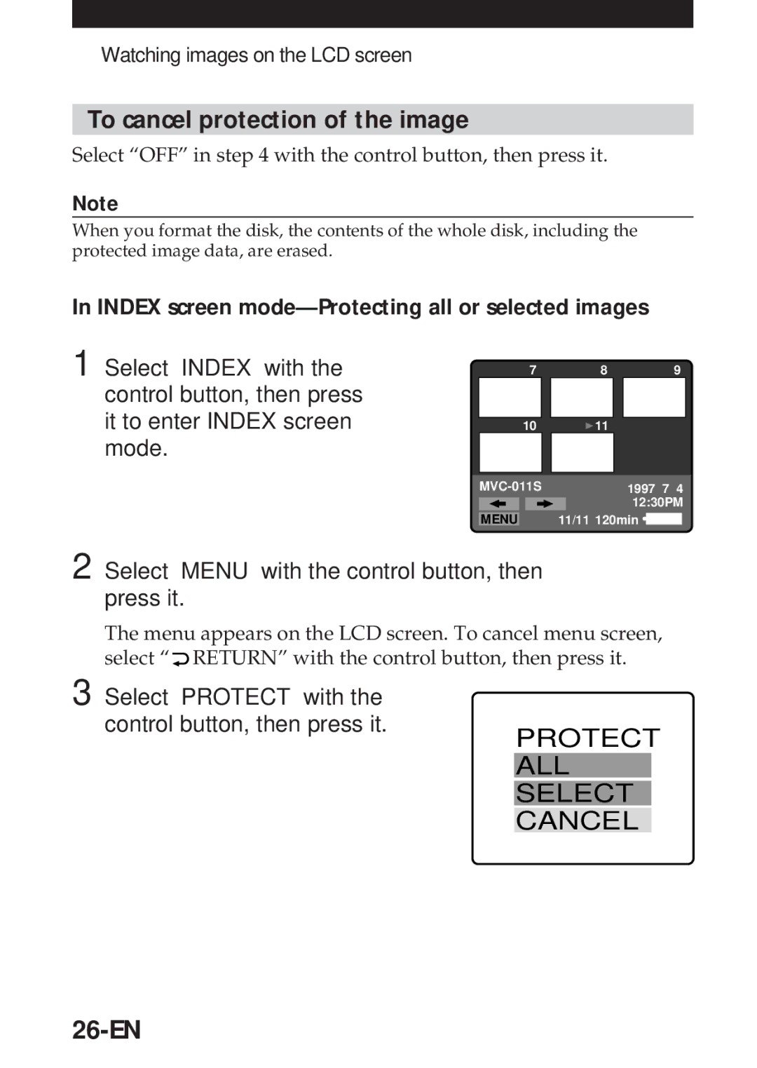 Sony MVC-FD5 To cancel protection of the image, 26-EN, Select OFF in with the control button, then press it 