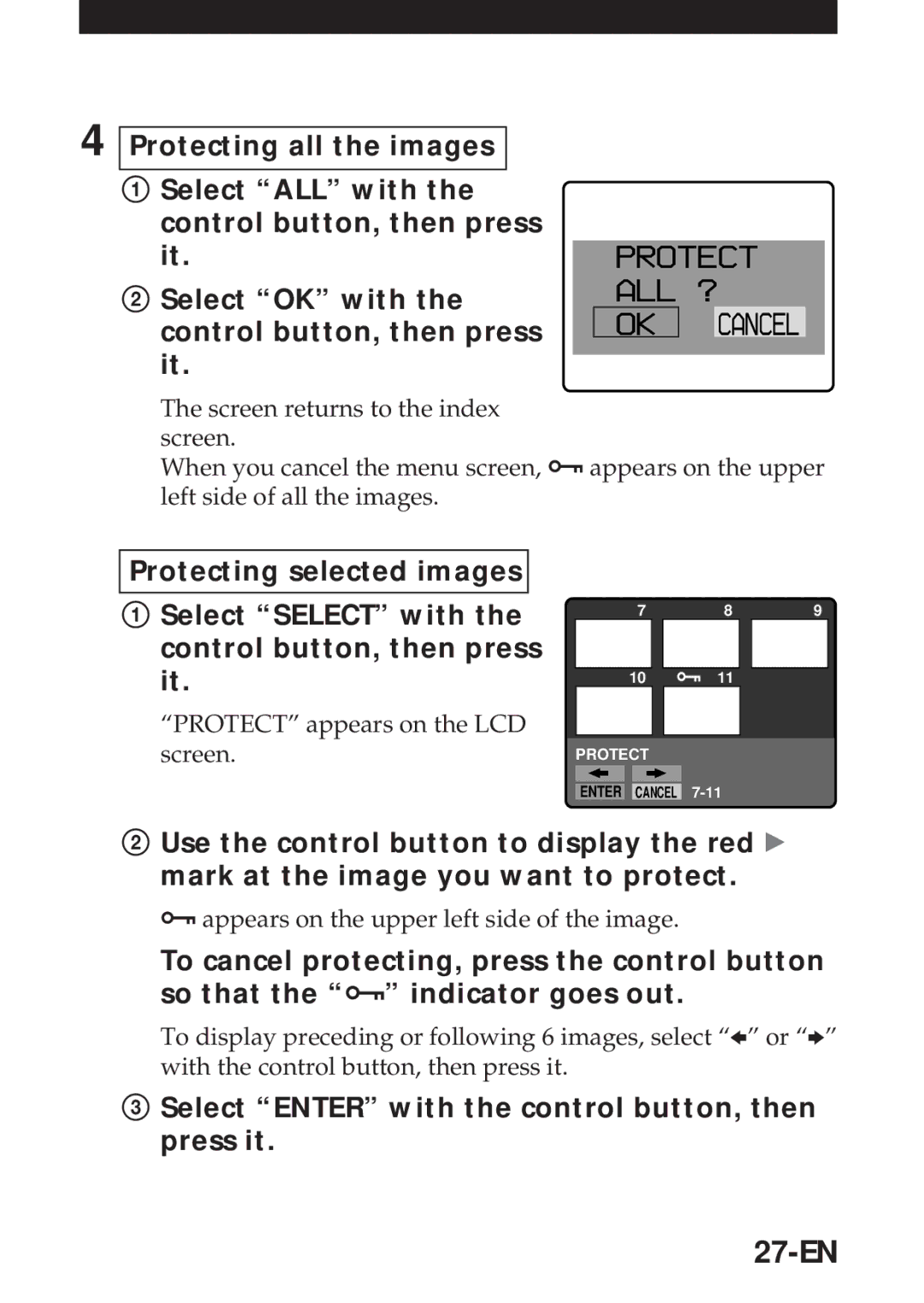 Sony MVC-FD5 27-EN, Select Enter with the control button, then press it, Protect appears on the LCD screen 