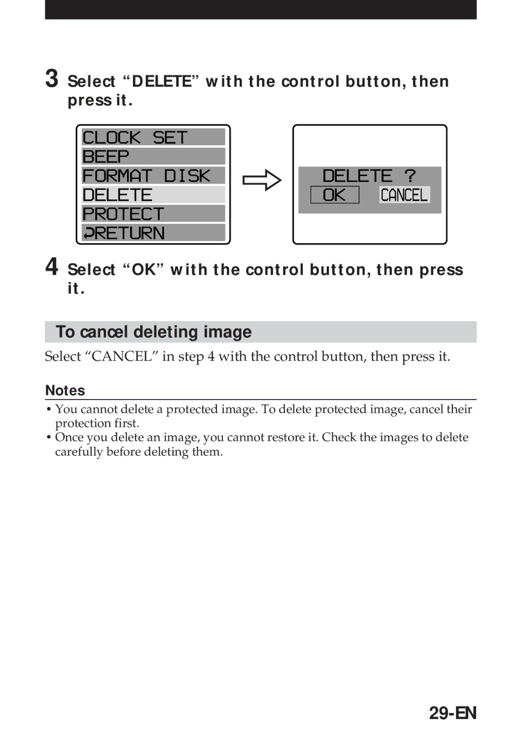 Sony MVC-FD5 operating instructions To cancel deleting image, 29-EN, Select Delete with the control button, then press it 