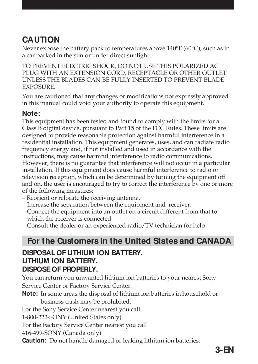 Sony MVC-FD5 For the Customers in the United States and Canada, Disposal of Lithium ION Battery Dispose of Properly 