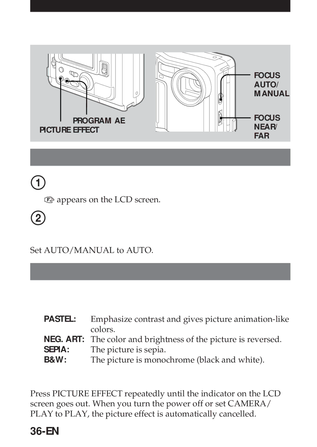 Sony MVC-FD5 Focusing manually, Enjoying Picture Effect, 36-EN, Set AUTO/MANUAL to Manual, To cancel picture effect 