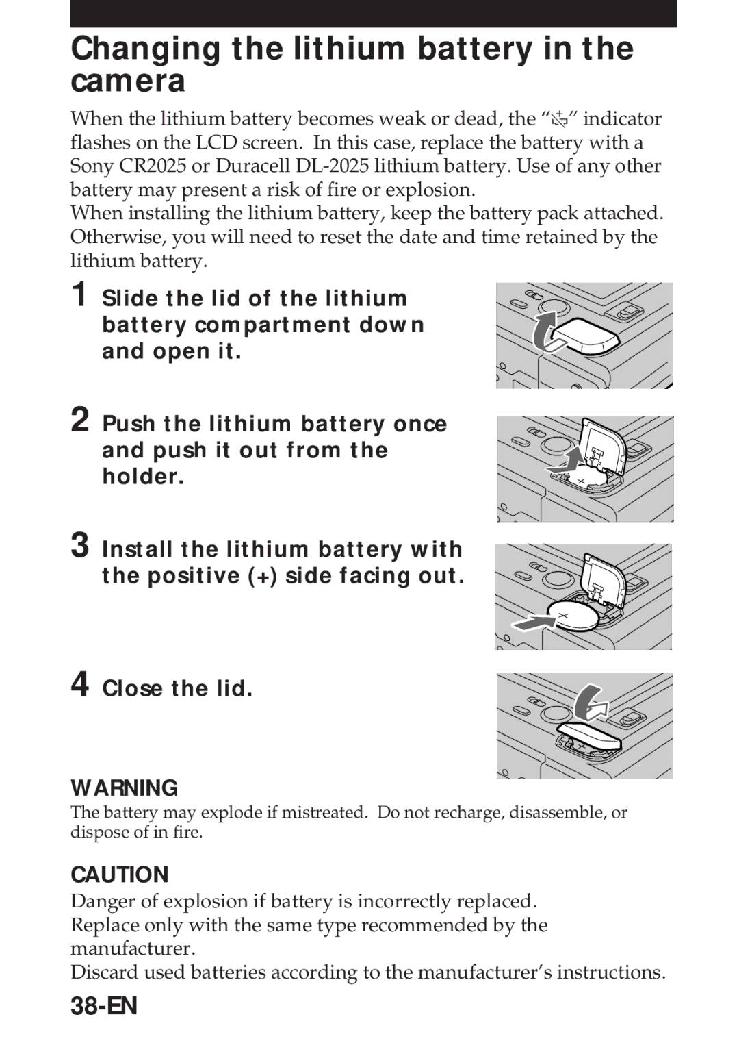 Sony MVC-FD5 operating instructions Changing the lithium battery in the camera, 38-EN 