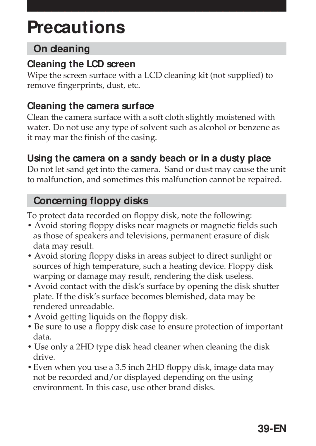 Sony MVC-FD5 operating instructions Precautions, On cleaning, Concerning floppy disks, 39-EN 