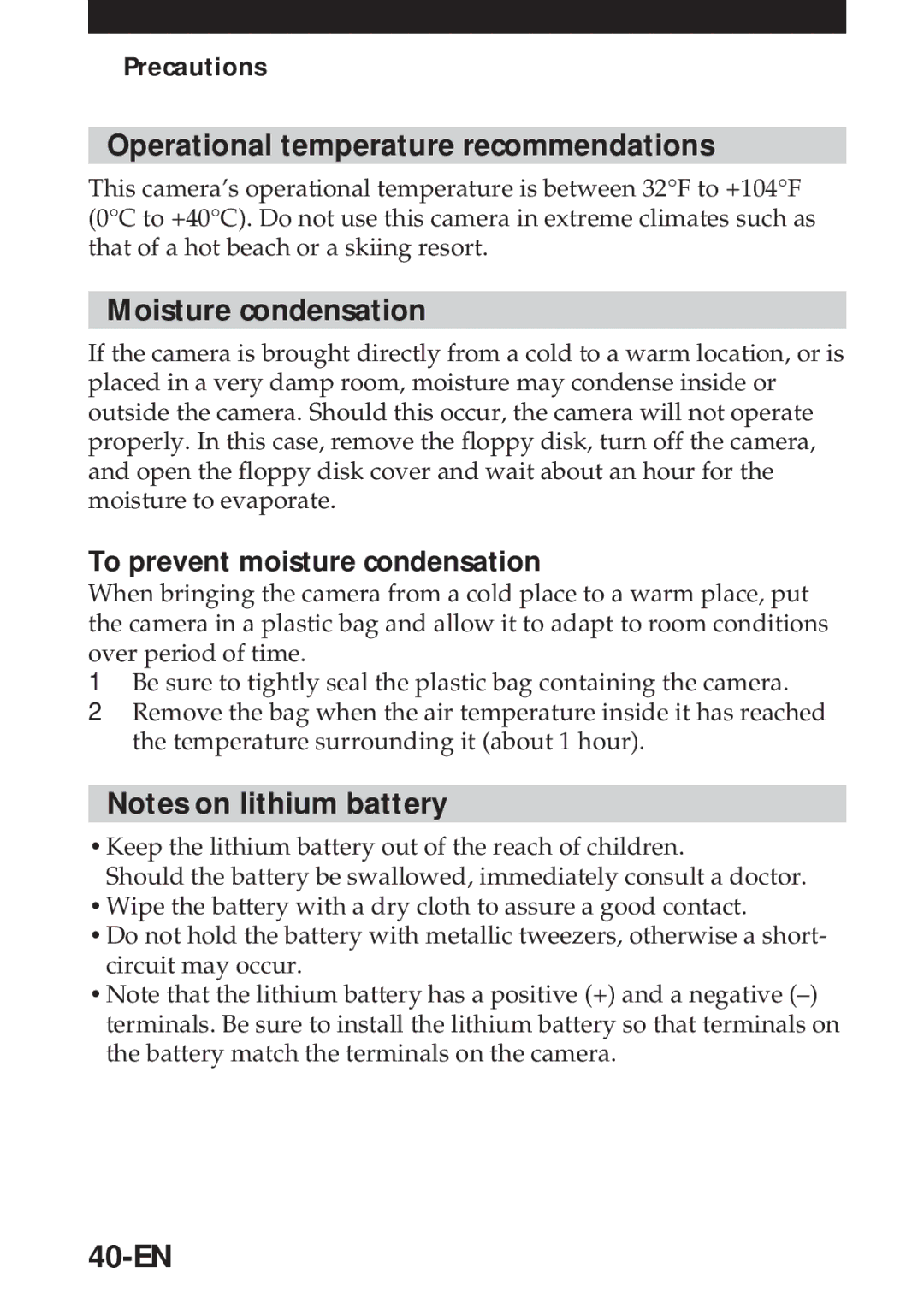 Sony MVC-FD5 Operational temperature recommendations, Moisture condensation, 40-EN, To prevent moisture condensation 