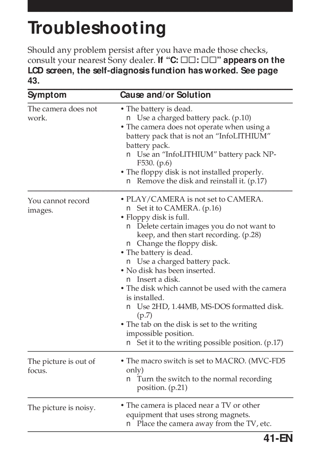 Sony MVC-FD5 operating instructions Troubleshooting, 41-EN 