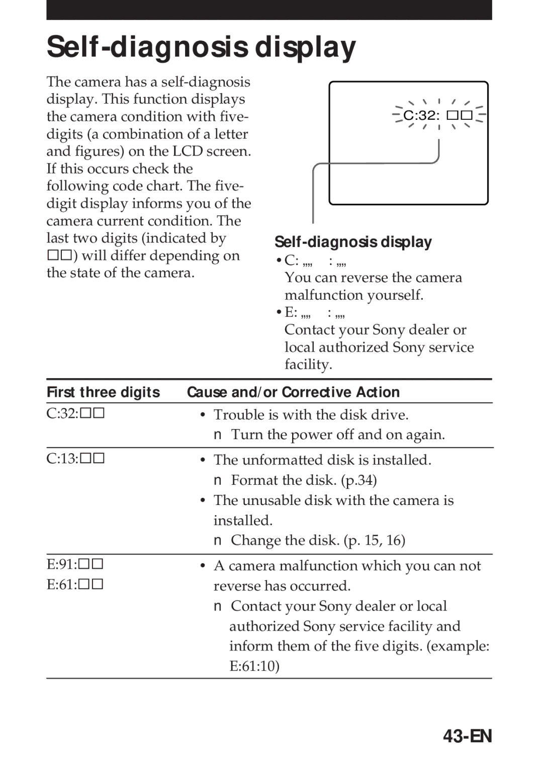 Sony MVC-FD5 operating instructions Self-diagnosis display, 43-EN, First three digits Cause and/or Corrective Action 