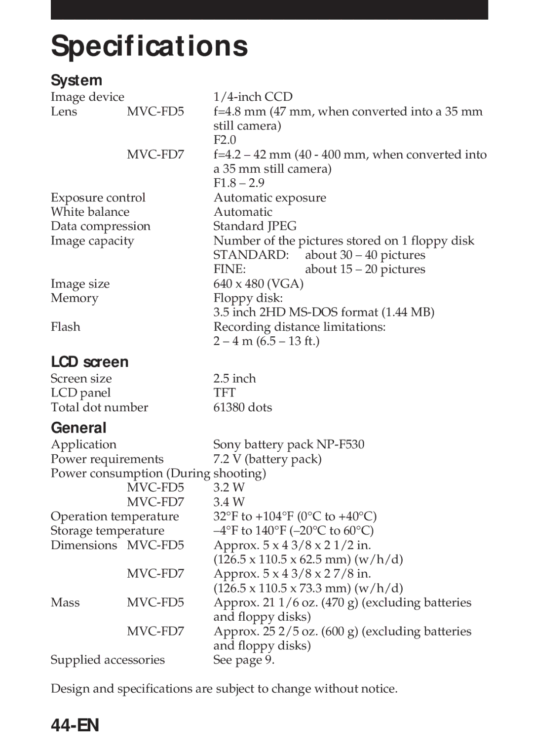 Sony MVC-FD5 operating instructions Specifications, 44-EN, System, LCD screen, General 