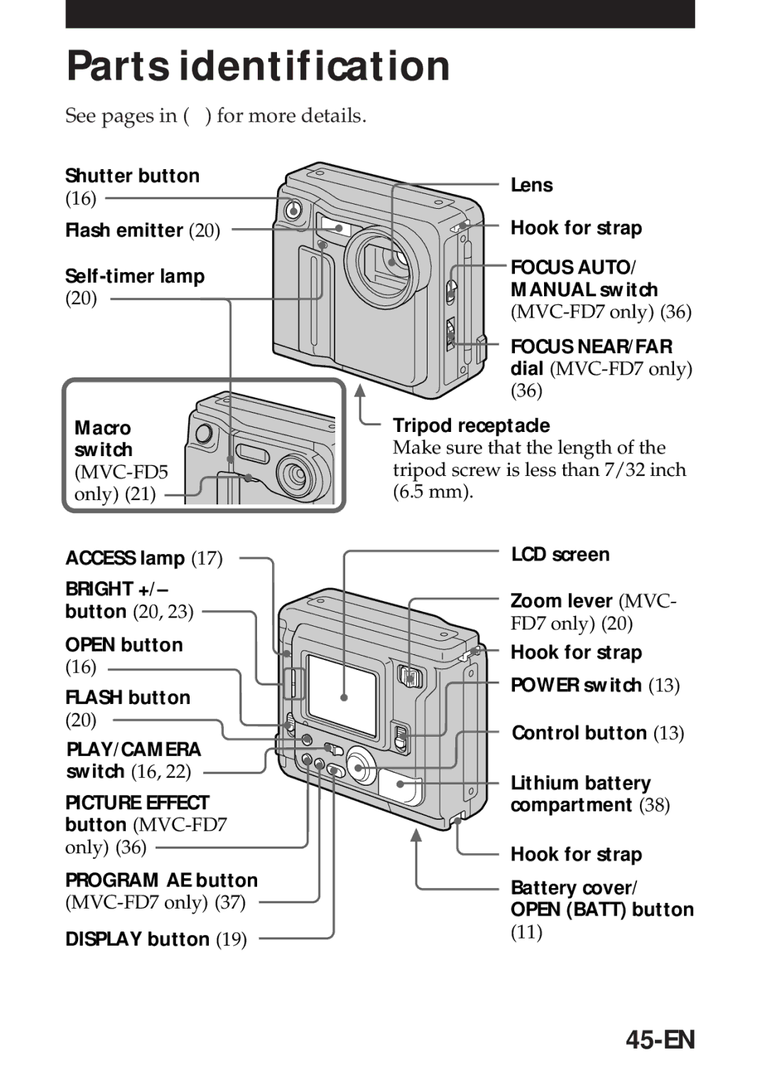 Sony MVC-FD5 operating instructions Parts identification, 45-EN, See pages in for more details 