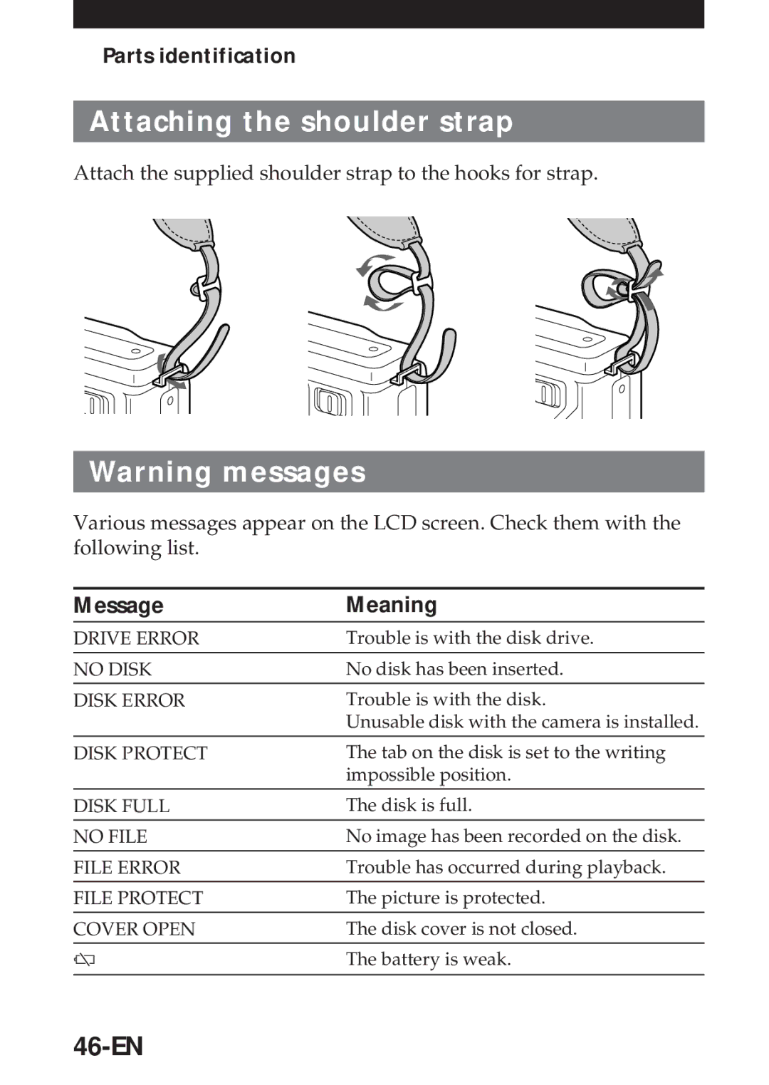 Sony MVC-FD5 operating instructions Attaching the shoulder strap, 46-EN, Parts identification, Message Meaning 