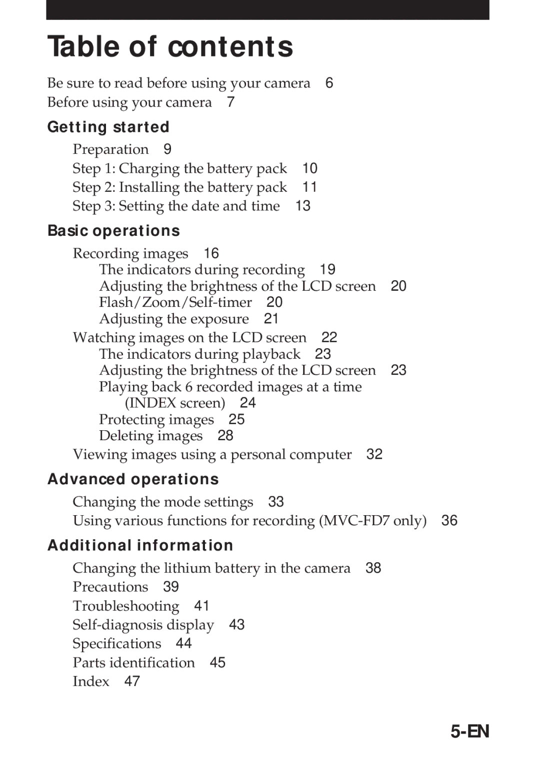 Sony MVC-FD5 operating instructions Table of contents 