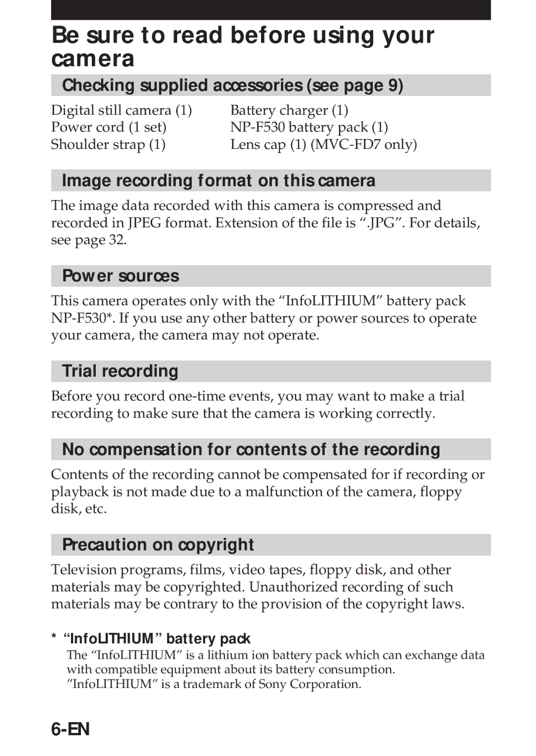 Sony MVC-FD5 Checking supplied accessories see, Image recording format on this camera, Power sources, Trial recording 