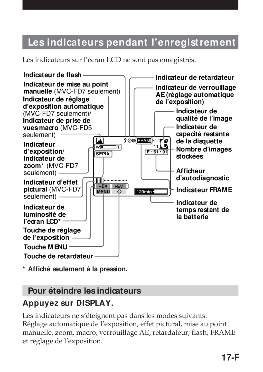 Sony MVC-FD5 Les indicateurs pendant l’enregistrement, Pour éteindre les indicateurs, 17-F, Appuyez sur Display 