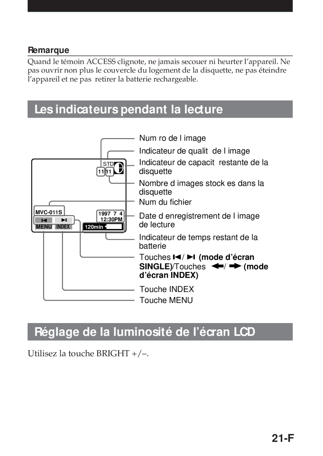 Sony MVC-FD5 operating instructions Les indicateurs pendant la lecture, 21-F, Utilisez la touche Bright + 