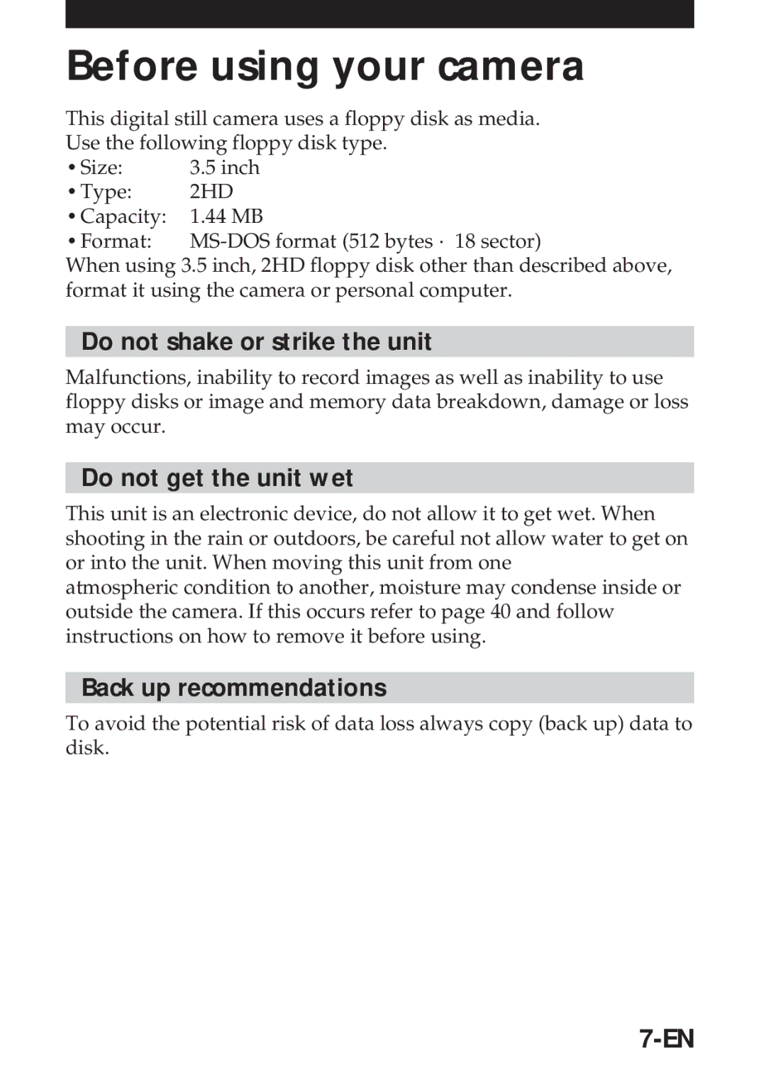 Sony MVC-FD5 Before using your camera, Do not shake or strike the unit, Do not get the unit wet, Back up recommendations 