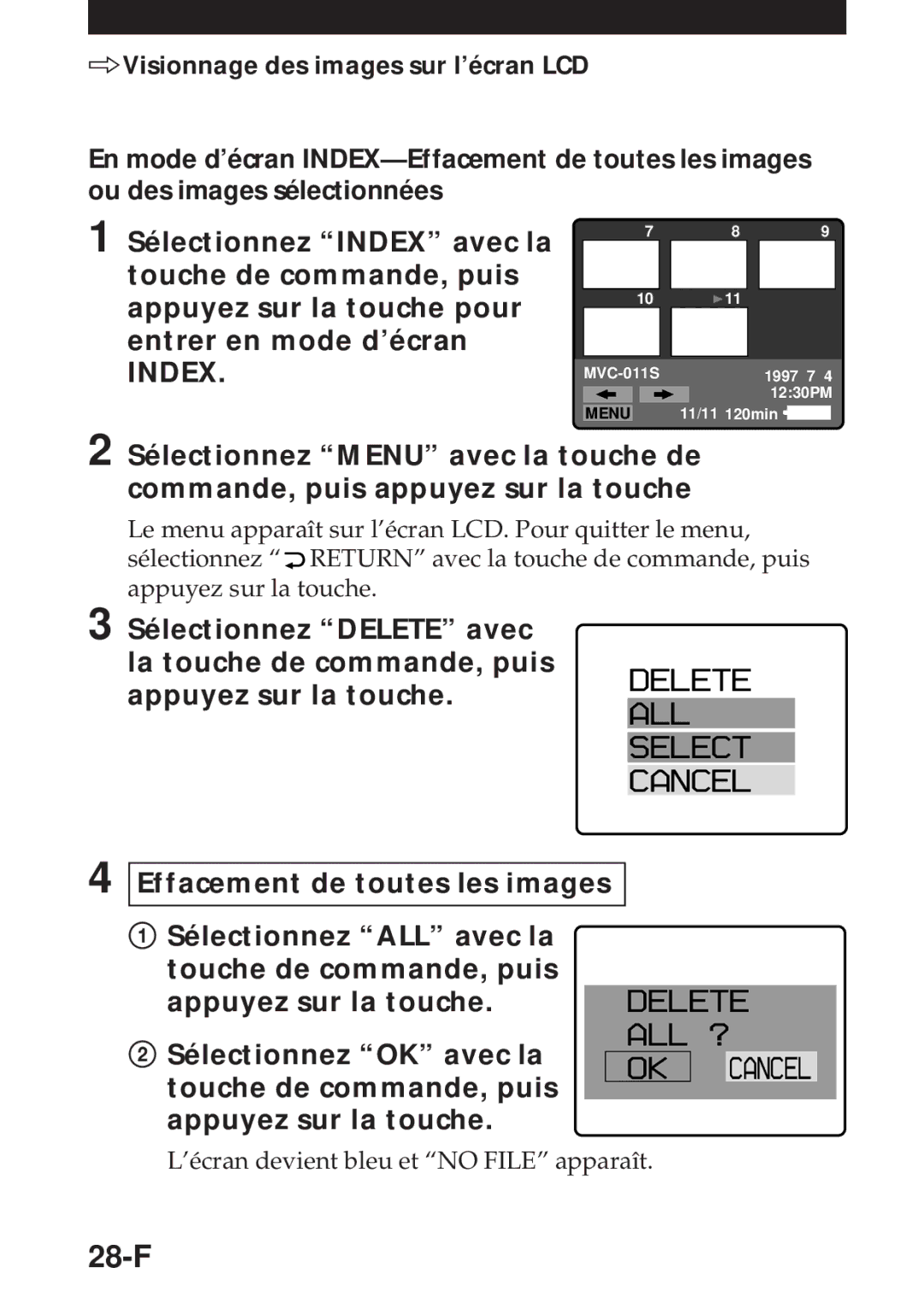 Sony MVC-FD5 operating instructions 28-F, ’écran devient bleu et no File apparaît 