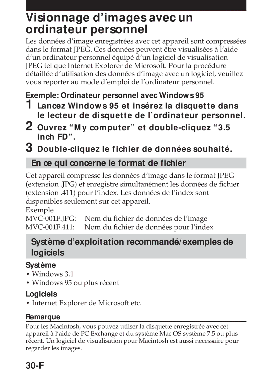 Sony MVC-FD5 En ce qui concerne le format de fichier, Système d’exploitation recommandé/exemples de logiciels, 30-F 