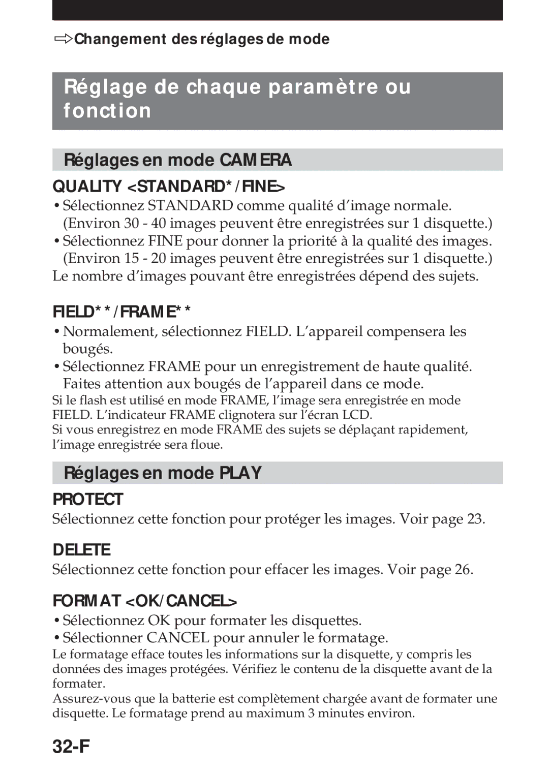 Sony MVC-FD5 Réglage de chaque paramètre ou fonction, Réglages en mode Camera, Réglages en mode Play, 32-F 