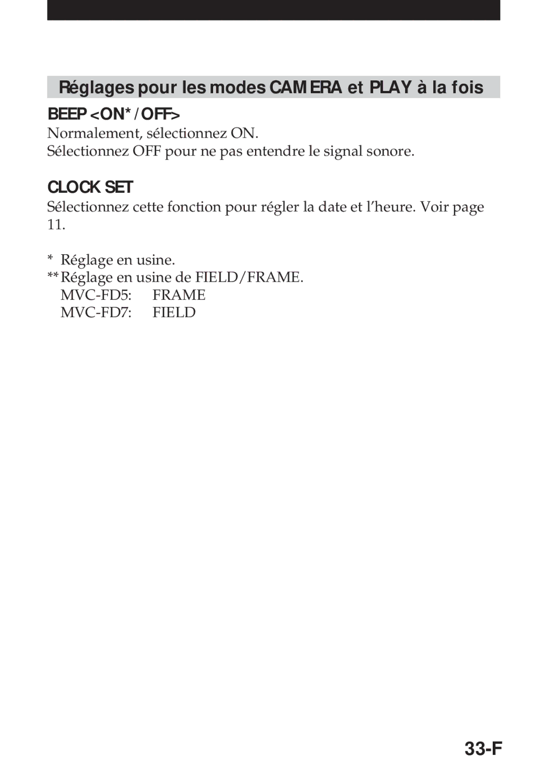 Sony MVC-FD5 operating instructions Réglages pour les modes Camera et Play à la fois, 33-F 