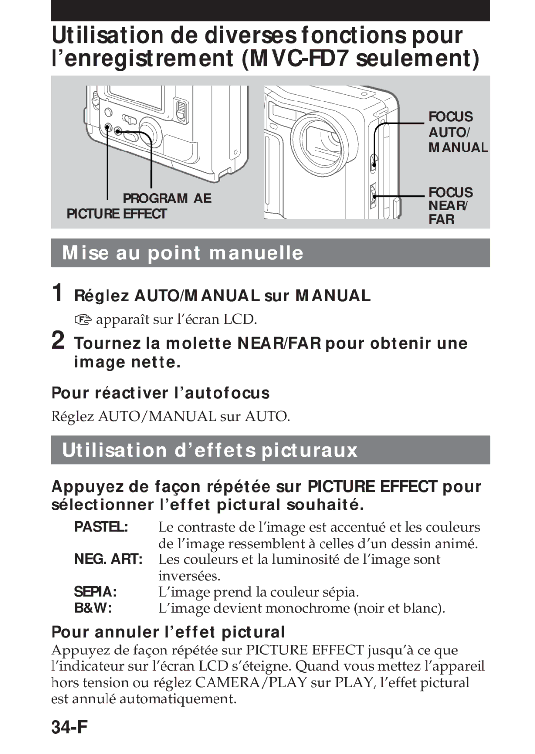 Sony MVC-FD5 Mise au point manuelle, Utilisation d’effets picturaux, 34-F, Réglez AUTO/MANUAL sur Manual 