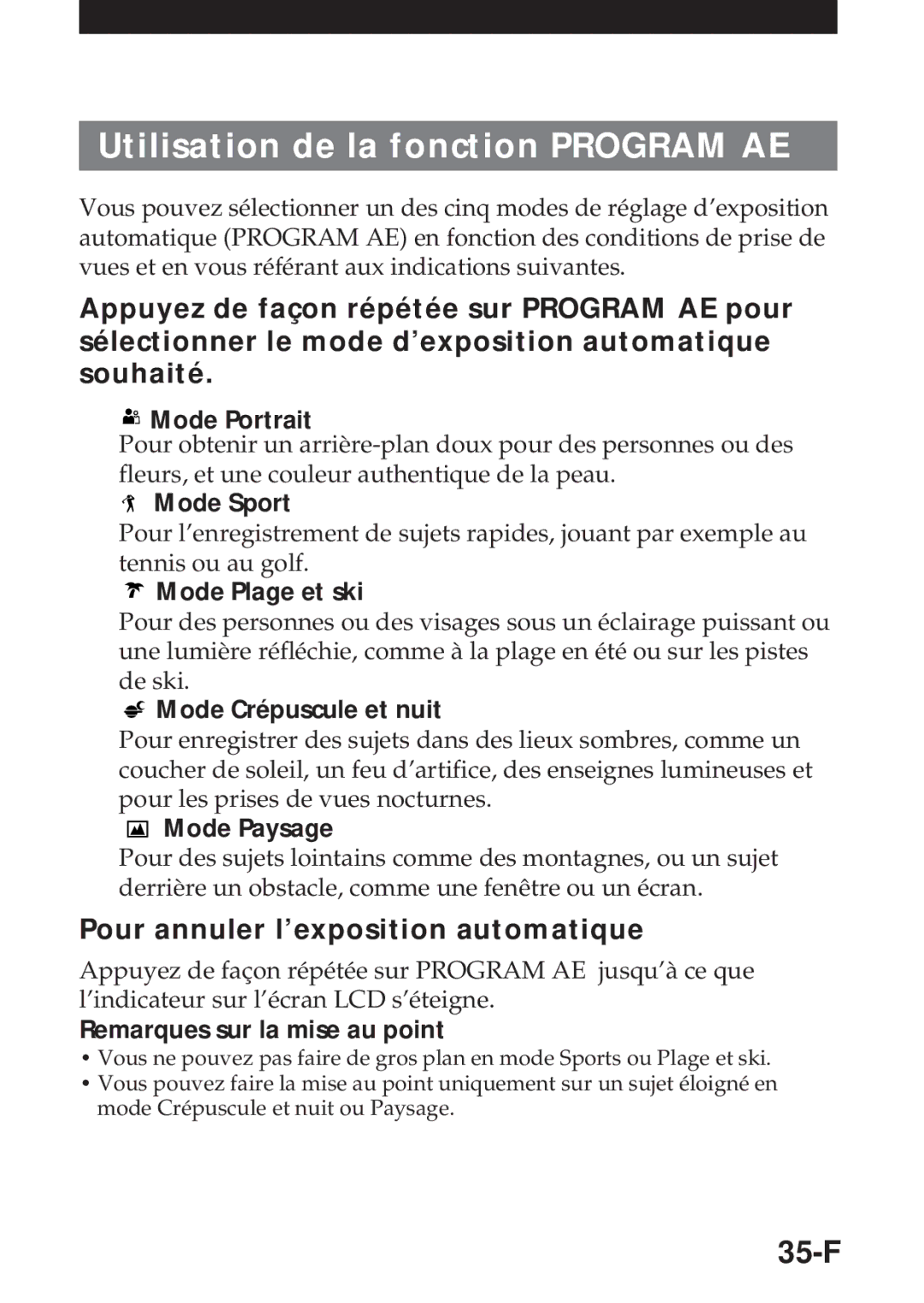 Sony MVC-FD5 operating instructions Utilisation de la fonction Program AE, 35-F, Pour annuler l’exposition automatique 