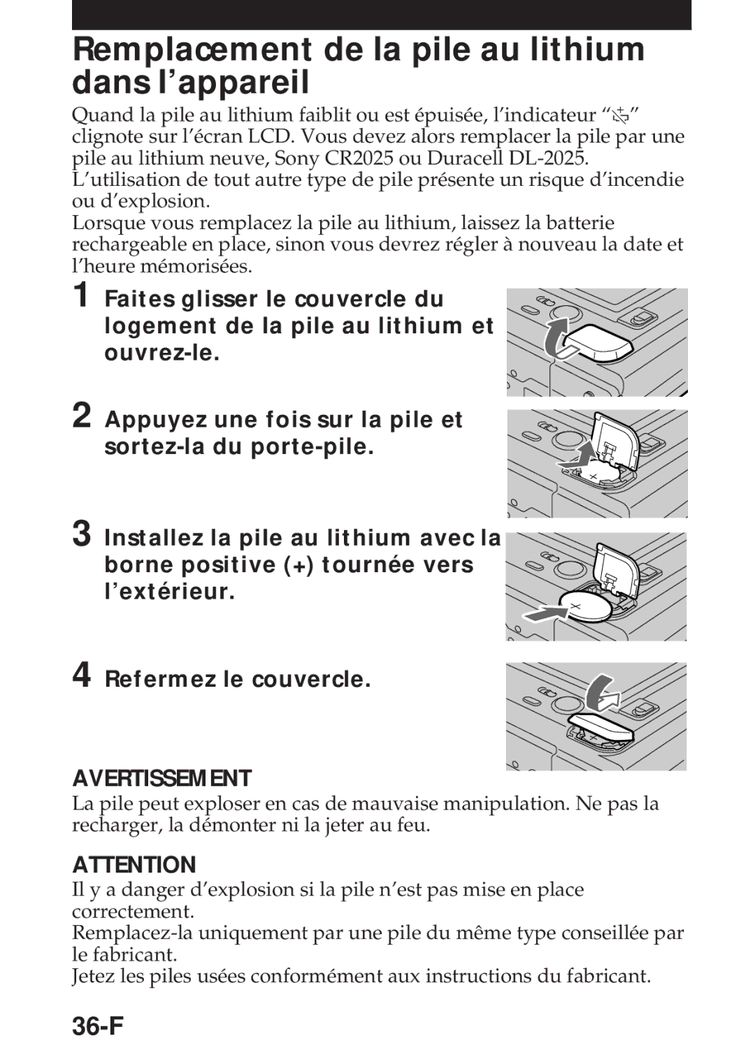 Sony MVC-FD5 operating instructions Remplacement de la pile au lithium dans l’appareil, 36-F 