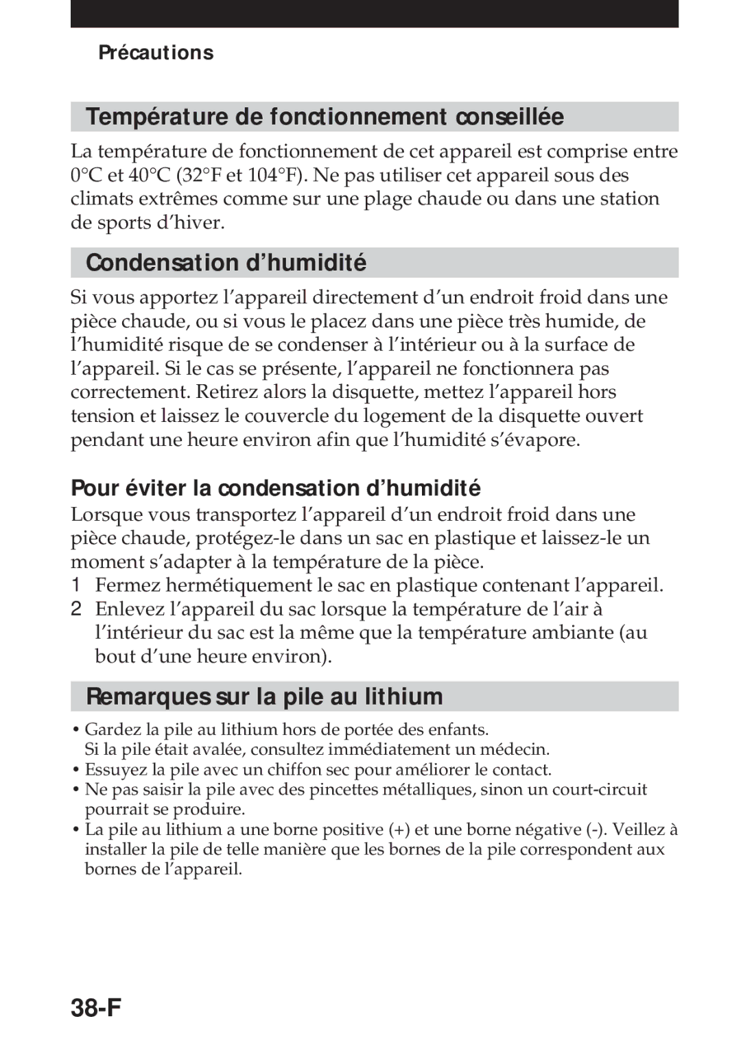 Sony MVC-FD5 Température de fonctionnement conseillée, Condensation d’humidité, Remarques sur la pile au lithium, 38-F 