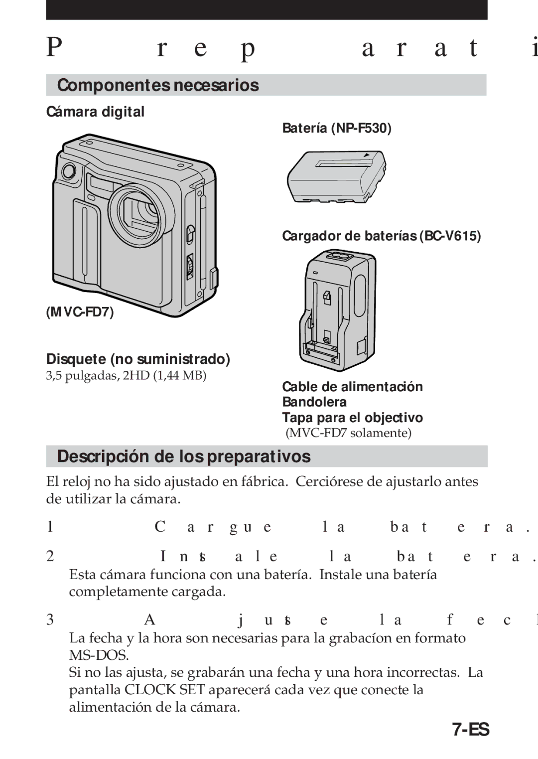 Sony MVC-FD5 Preparativos, Componentes necesarios, Descripción de los preparativos, Ajuste la fecha y la hora. p 