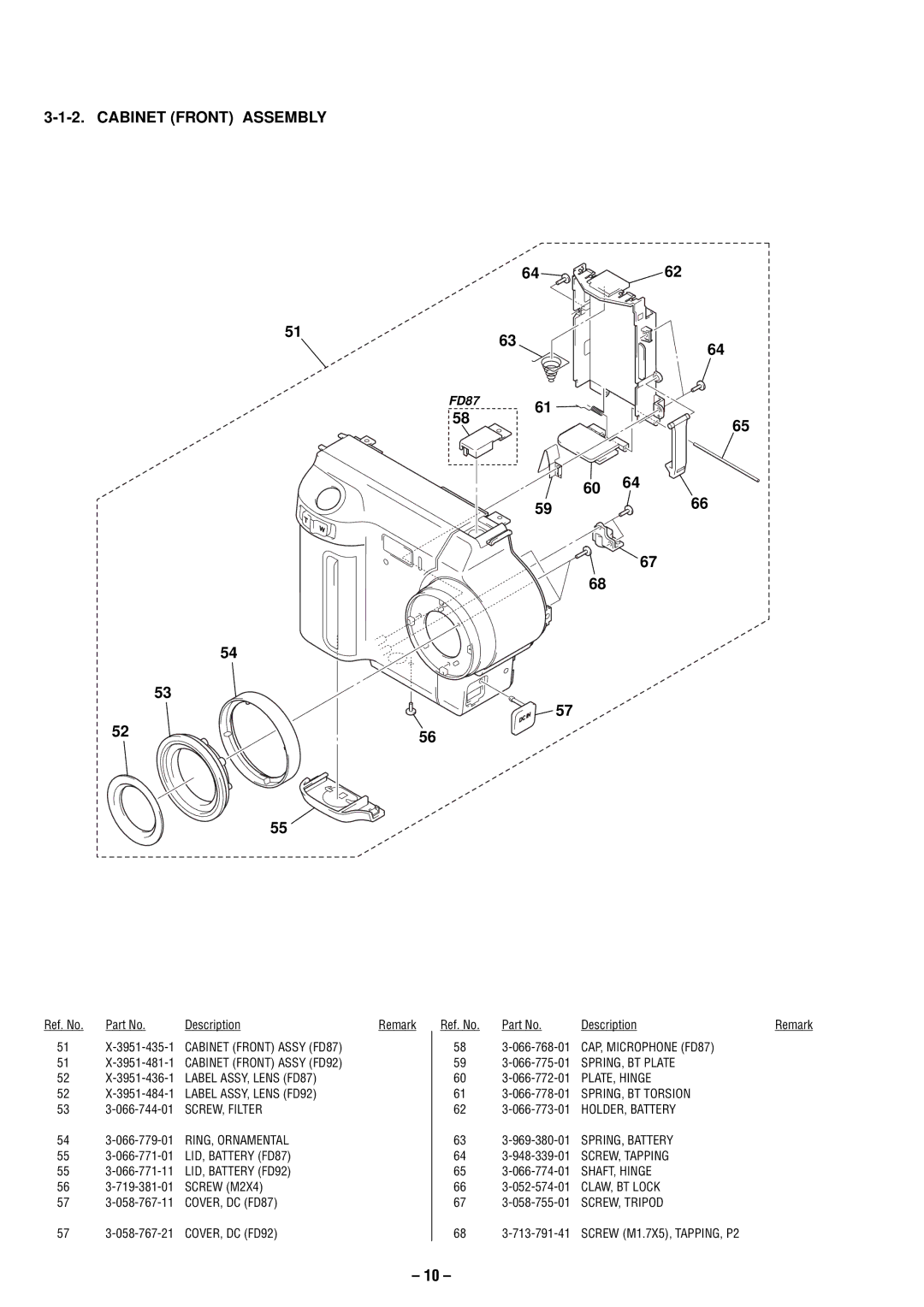 Sony MVC-FD87 service manual Cabinet Front Assembly, 5966, Remark, COVER, DC FD92, Screw M1.7X5, TAPPING, P2 