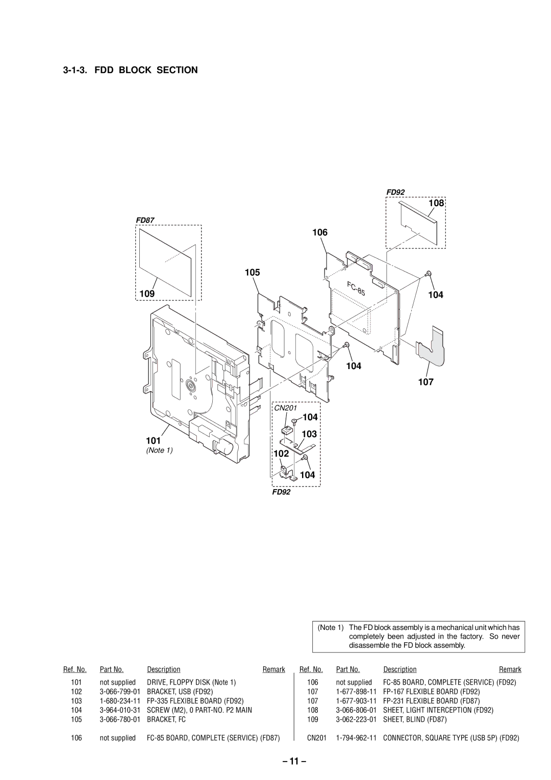 Sony MVC-FD87 service manual FDD Block Section, 101 106 105 104, 104 103 102, 108 104 107, FP-167 Flexible Board FD92 