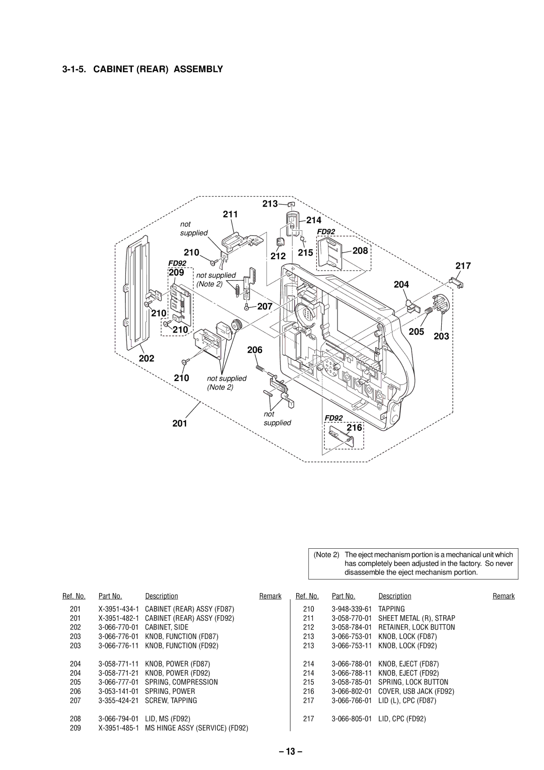 Sony MVC-FD87 service manual Cabinet Rear Assembly, 213 211 214, 210 212 215 208, 217, 204 210 207 205 203 206 202 