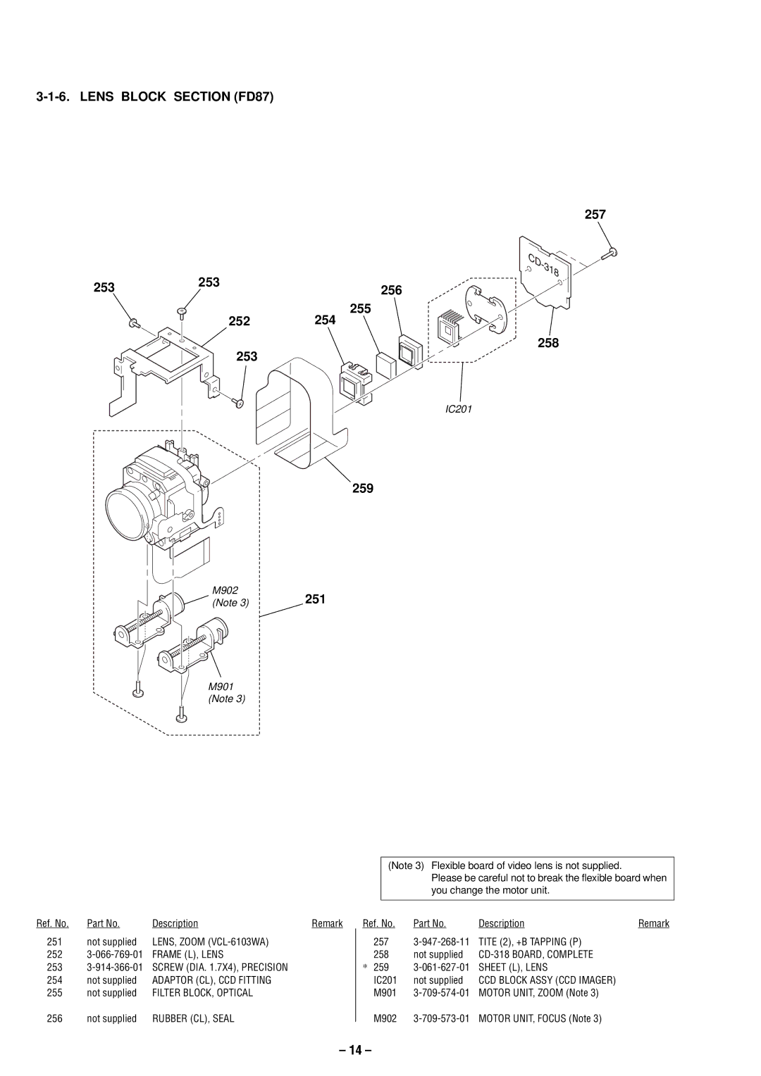 Sony MVC-FD87 service manual Lens Block Section FD87, 257 253 256 255 252 254 258, 259 