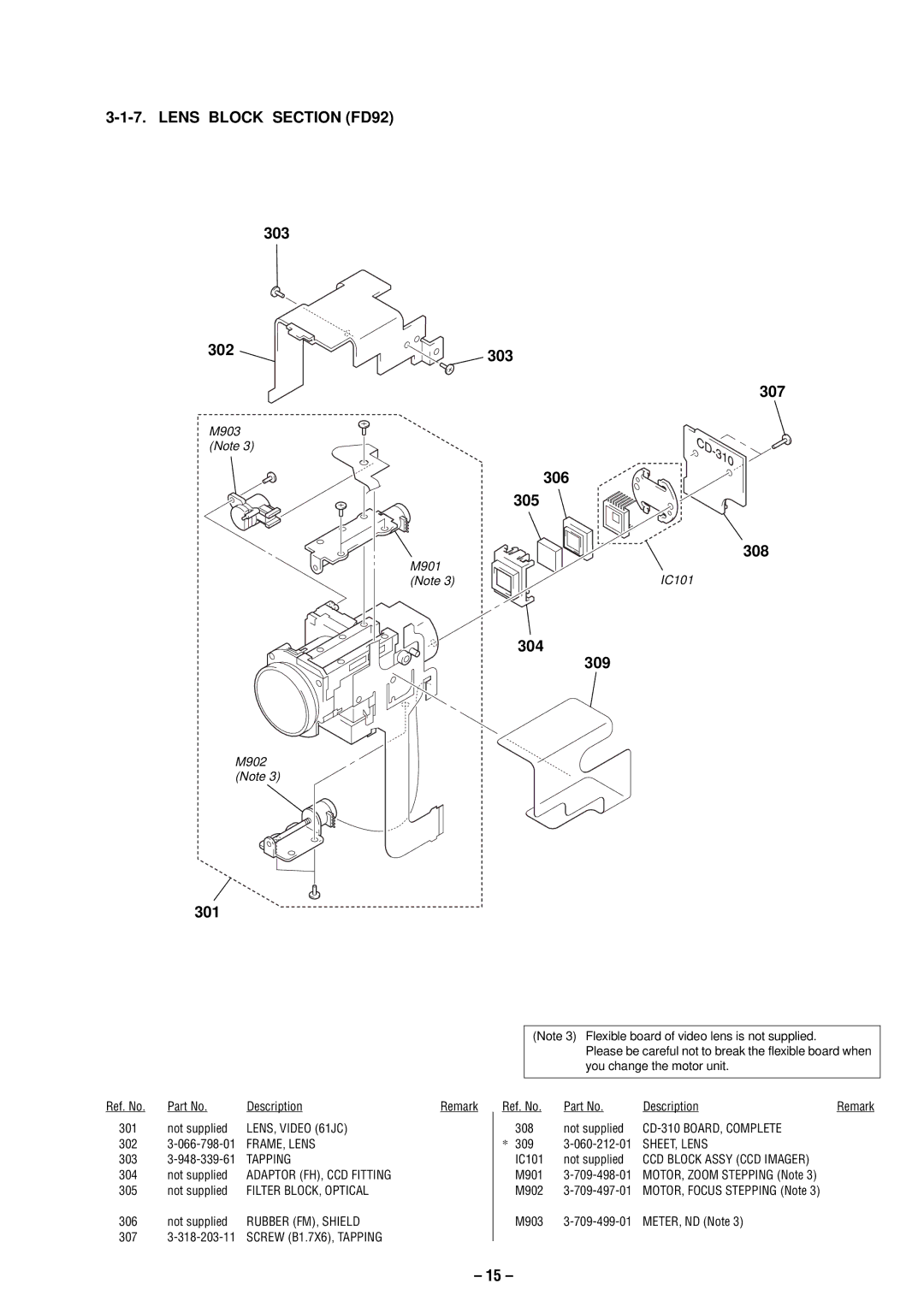 Sony MVC-FD87 service manual Lens Block Section FD92, 303 302 307, 304 309, 301 