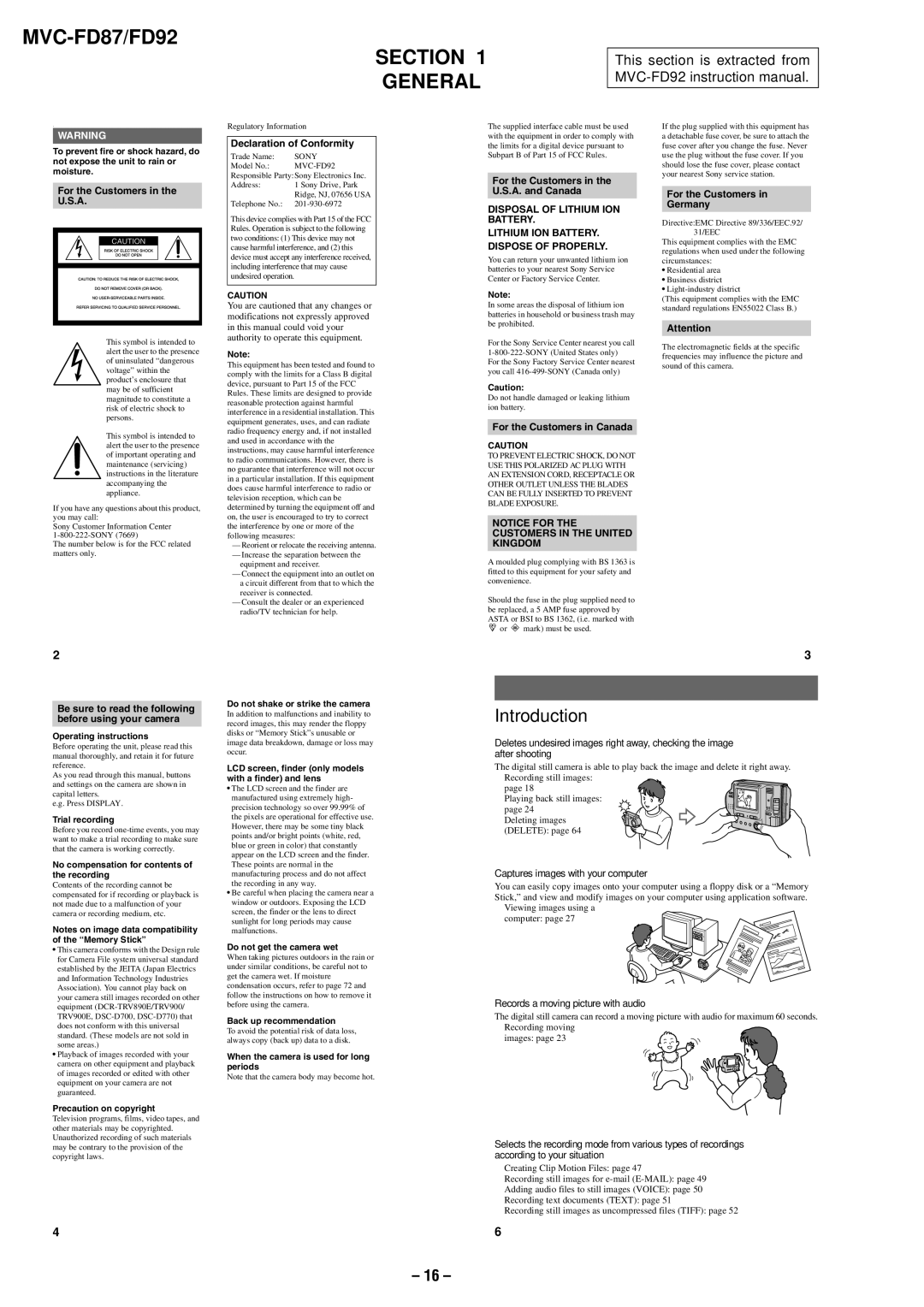 Sony MVC-FD87 Declaration of Conformity, For the Customers in the U.S.A. and Canada, For the Customers in Canada 